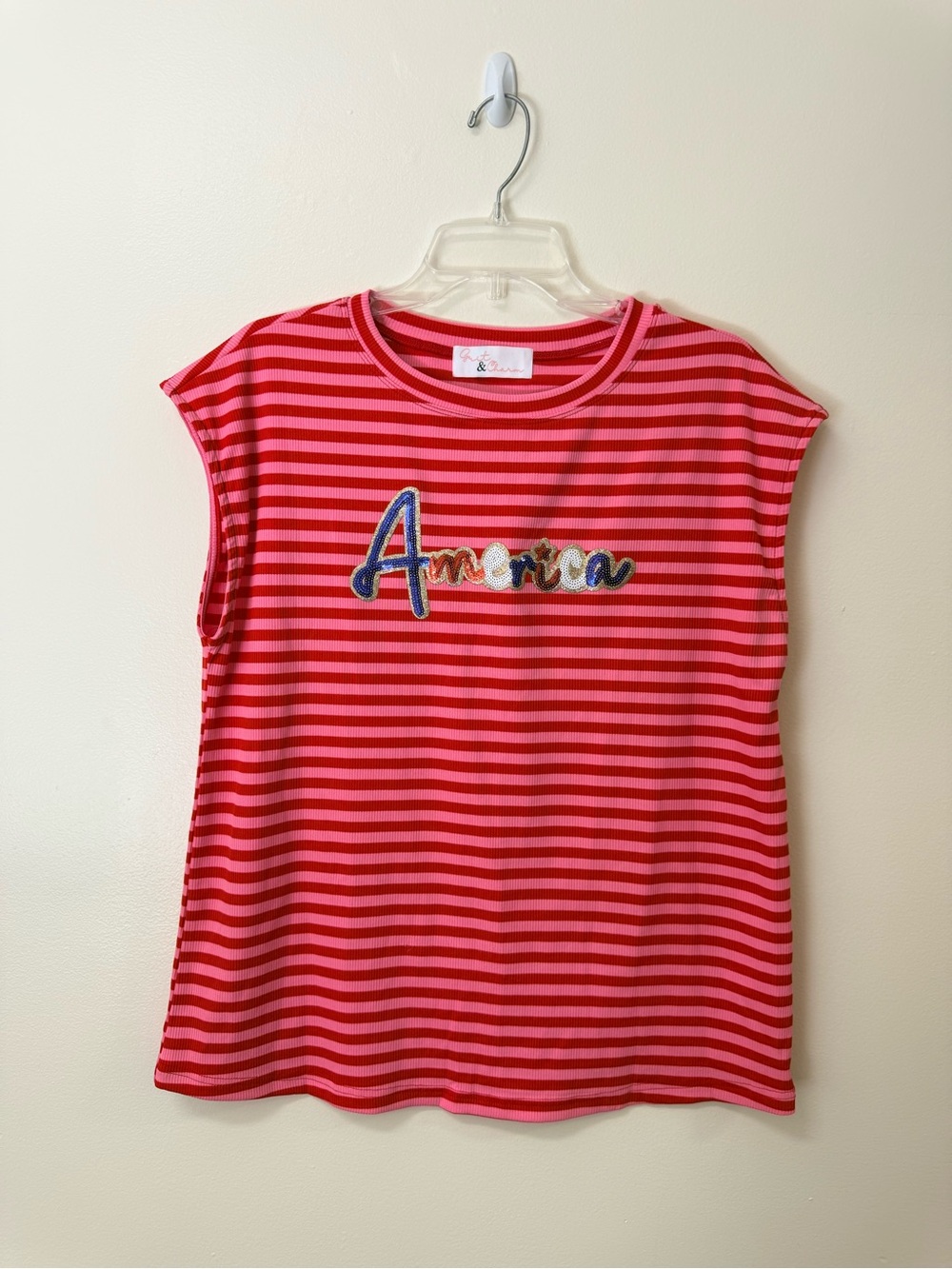 Pink & Red Striped Top with 'America' Embroidery